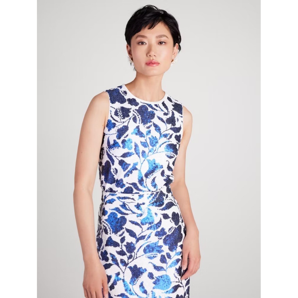 Kate Spade New York ZigZag Floral Sequin Top Blue‎ White Sleeveless Crewneck L